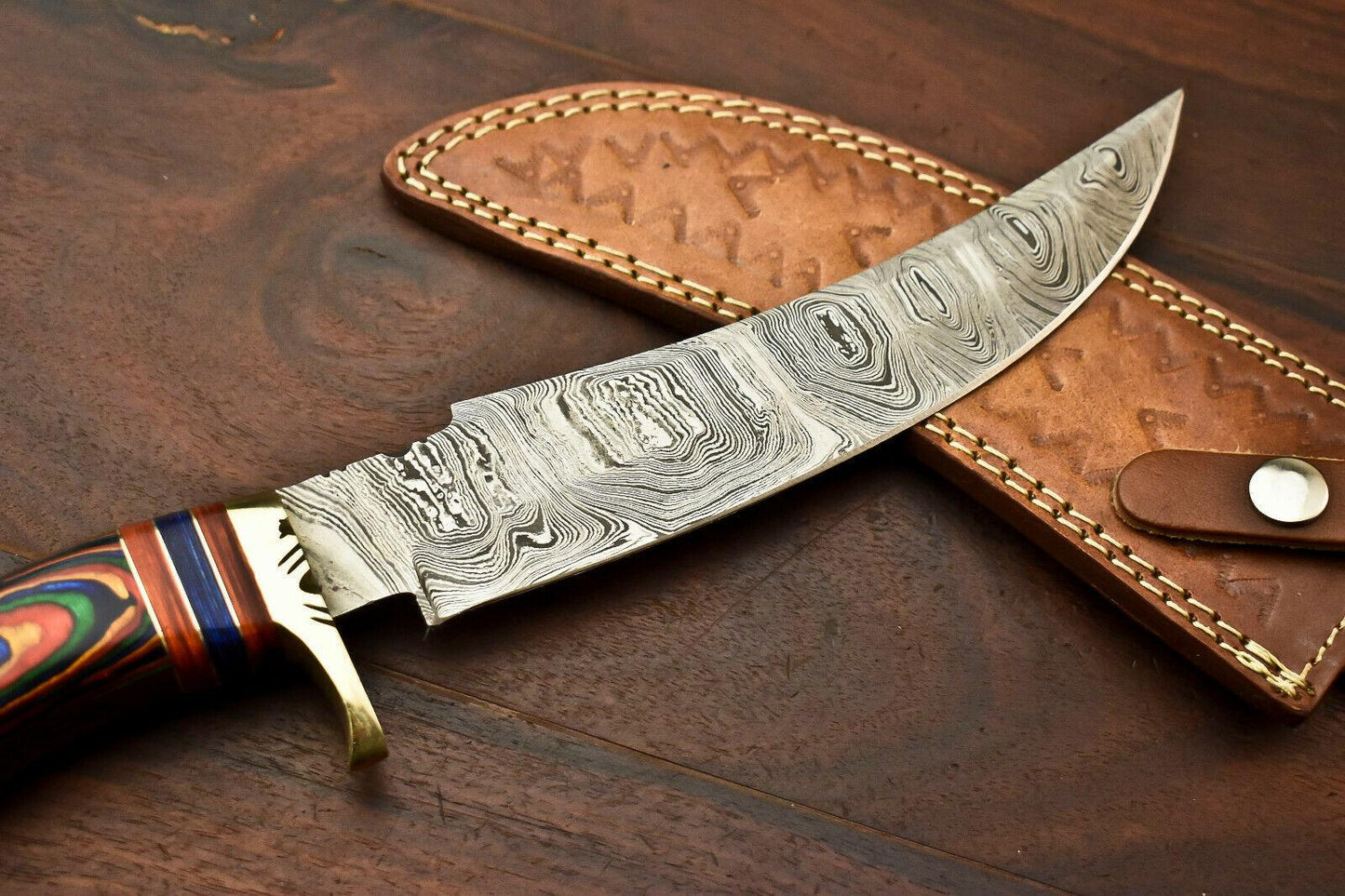 13.5” Handmade Damascus Bowie Knife | Hardwood Handle & Leather Sheath