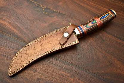 13.5” Handmade Damascus Bowie Knife | Hardwood Handle & Leather Sheath