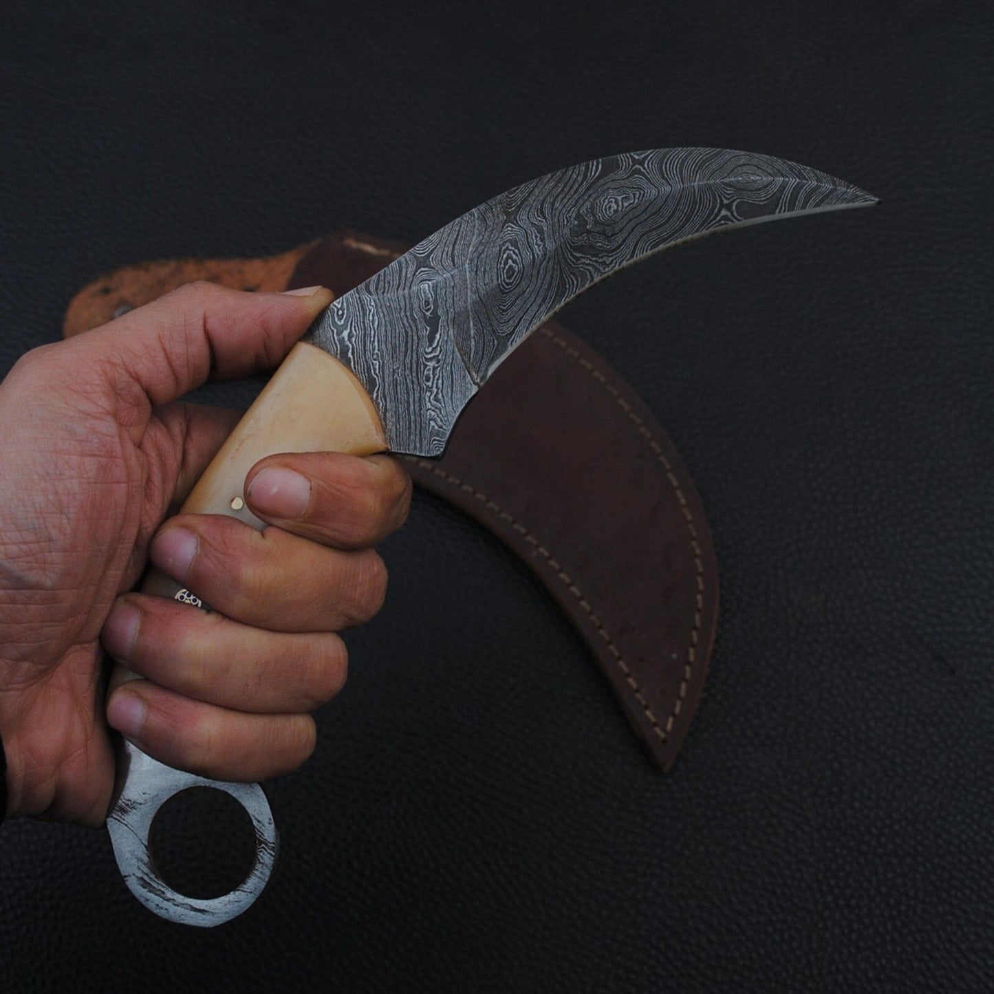 9” Handmade Damascus Karambit Knife  Best Karambit With Bone Handle and Sheath