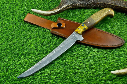 HAND FORGED DAMASCUS STEEL FILLET KNIFE | KITCHEN CHEF KNIFE | CAMPING & HUNTING EDC KNIFE