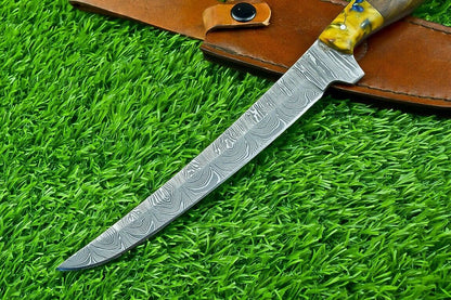 HAND FORGED DAMASCUS STEEL FILLET KNIFE | KITCHEN CHEF KNIFE | CAMPING & HUNTING EDC KNIFE