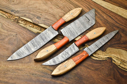 Premium 4-Piece Handmade Damascus Steel Chef Knife Set – Full Tang Kitchen Blades