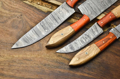 Premium 4-Piece Handmade Damascus Steel Chef Knife Set – Full Tang Kitchen Blades