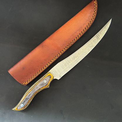 12" Custom Handmade Damascus Fillet Knife with Pakka Wood Handle & Leather Sheath