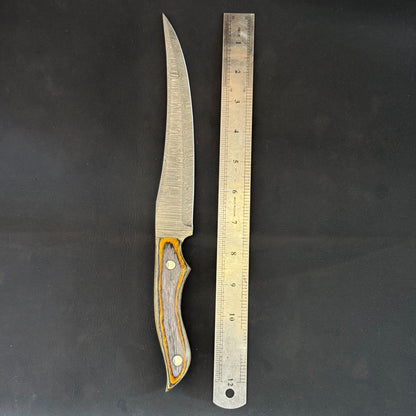 12" Custom Handmade Damascus Fillet Knife with Pakka Wood Handle & Leather Sheath
