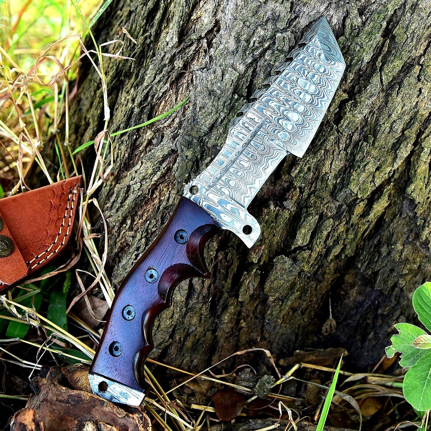 Handmade Forged Damascus Steel Tracker Hunting Knife – Survival Camping EDC with Wood Handle & Leather Sheath