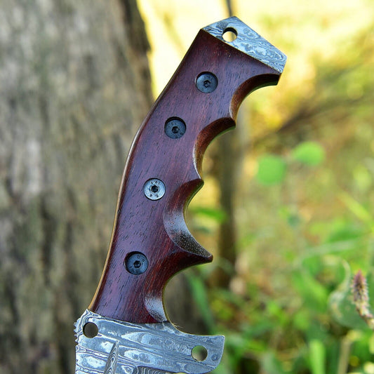 Handmade Forged Damascus Steel Tracker Hunting Knife – Survival Camping EDC with Wood Handle & Leather Sheath