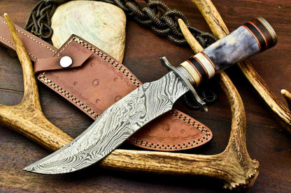 12" Handmade Damascus Bowie Knife – Camel Bone Handle with Leather Sheath
