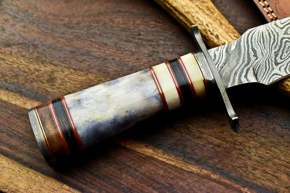 12" Handmade Damascus Bowie Knife – Camel Bone Handle with Leather Sheath