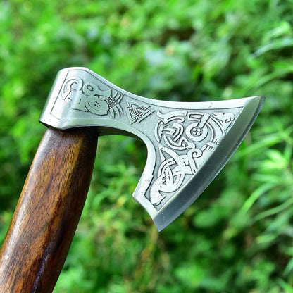 14 Inch Hand Forged 1095 Carbon Steel Viking Tomahawk Hatchet with Rosewood Handle and Leather Sheath