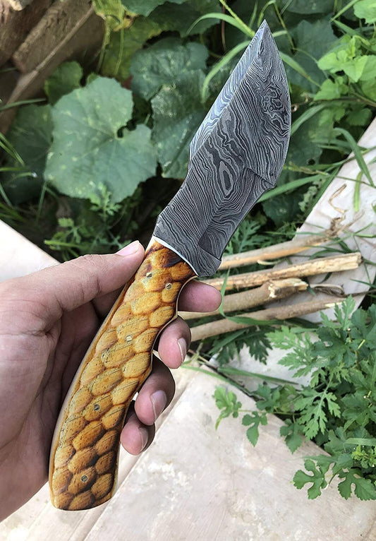 Custom Handmade Damascus Tracker Knife – 10" Full Tang Fixed Blade with Bone Handle & Leather Sheath