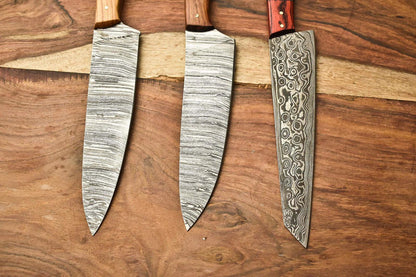 Set of 3 Handmade Damascus Steel Chef Knives – Custom Forged Kitchen Blade Collection