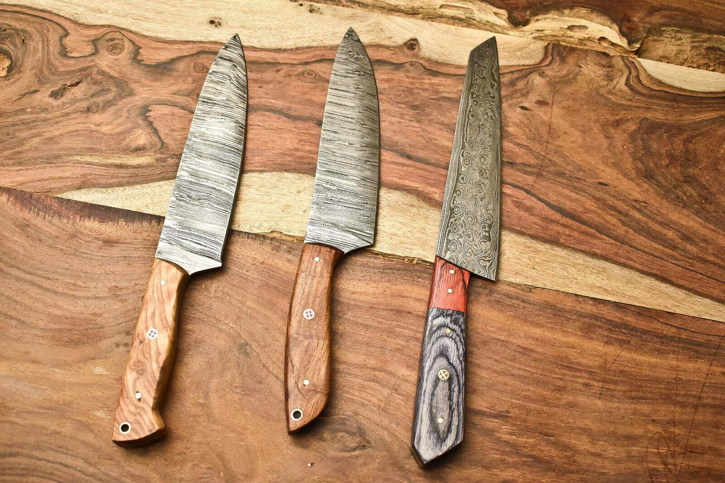 Set of 3 Handmade Damascus Steel Chef Knives – Custom Forged Kitchen Blade Collection