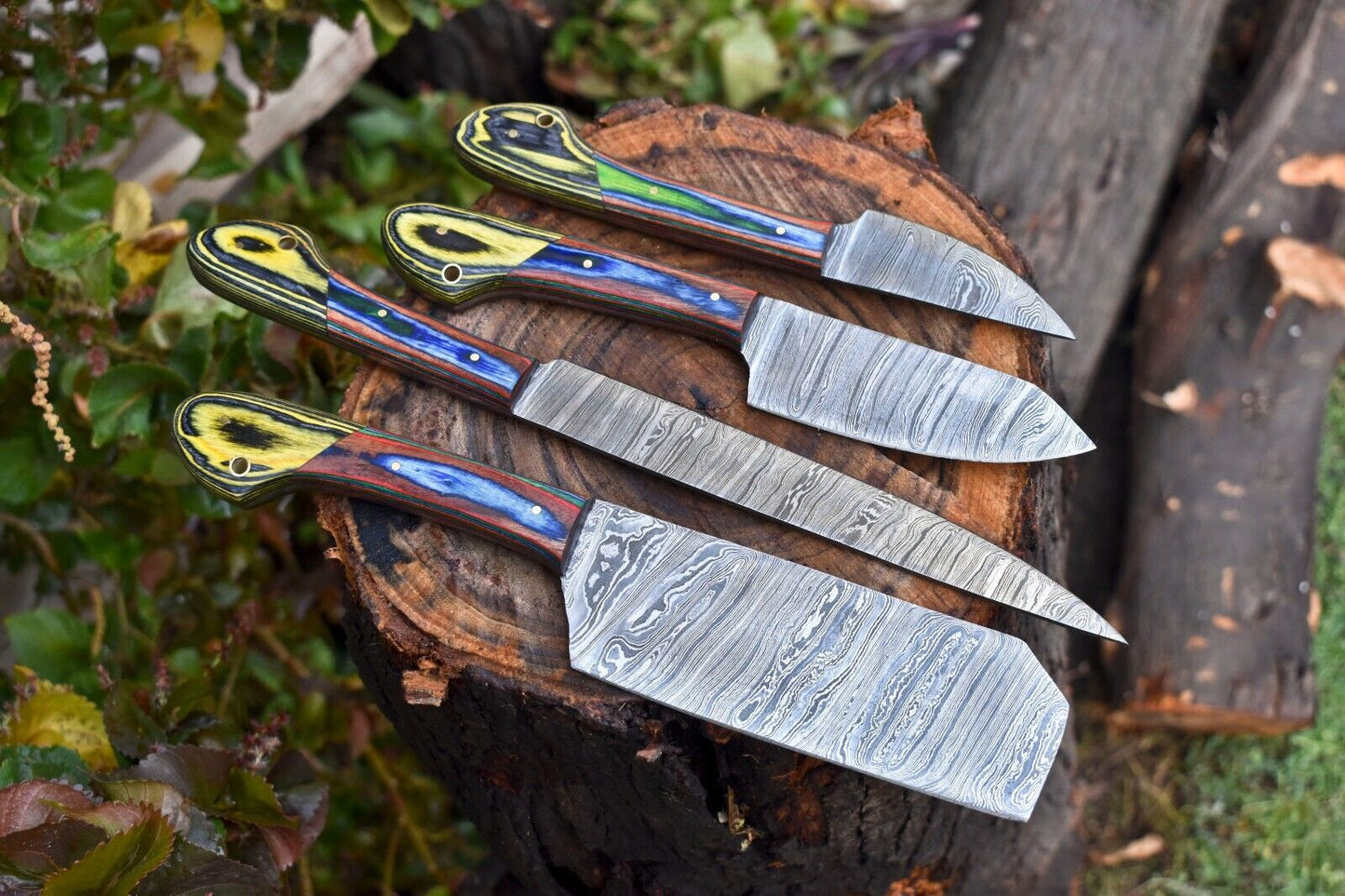 Lot of 4 Handmade Damascus Hammered Full Tang Chef Knife Set – Hardwood Handles