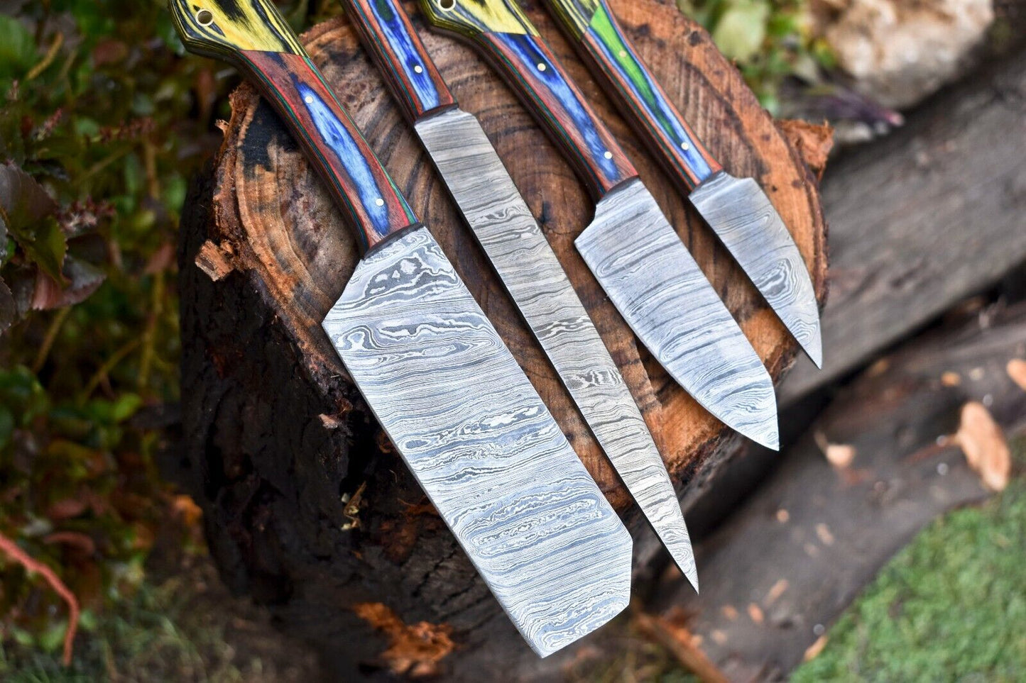 Lot of 4 Handmade Damascus Hammered Full Tang Chef Knife Set – Hardwood Handles