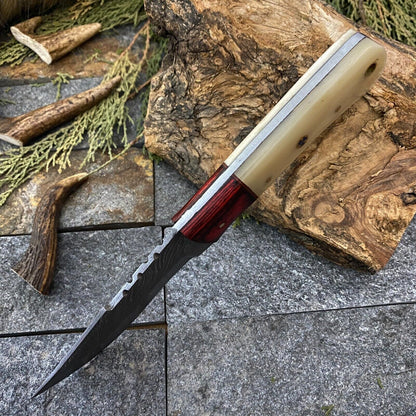 Twist Damascus Hunting Skinner Knife with Camel Bone and Wood Handle