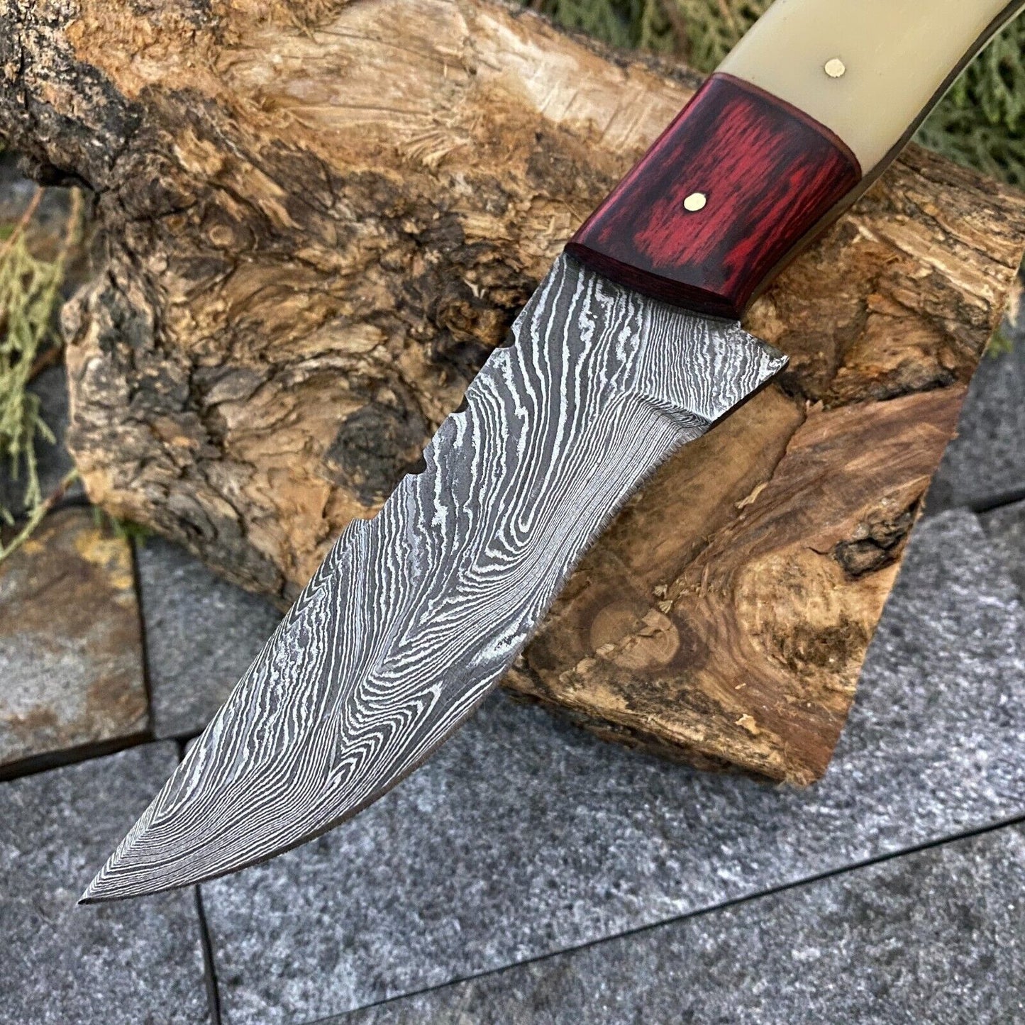 Twist Damascus Hunting Skinner Knife with Camel Bone and Wood Handle