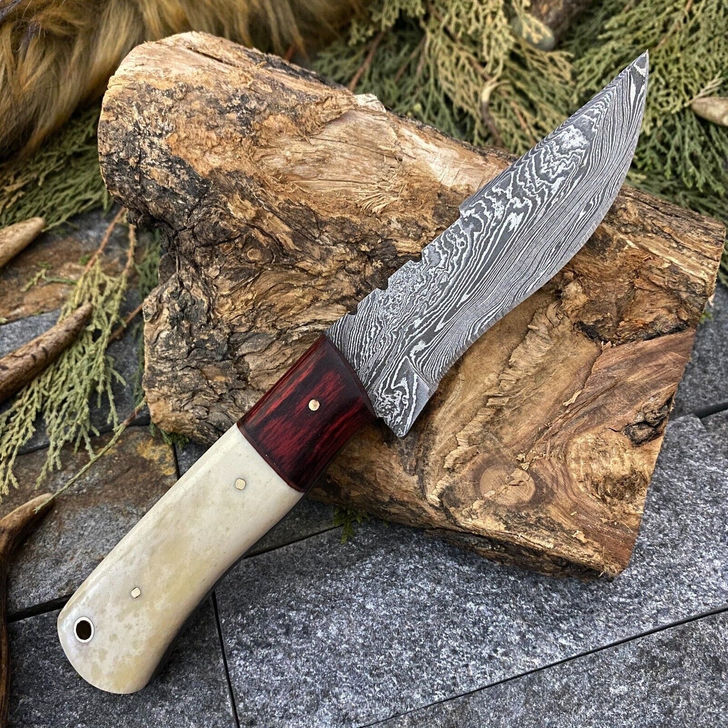 Twist Damascus Hunting Skinner Knife with Camel Bone and Wood Handle