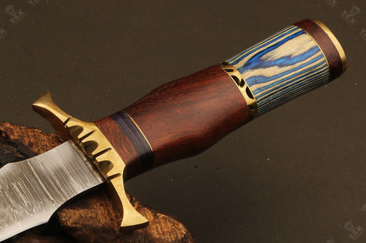 16" Handmade Fire Damascus Steel Dagger Bowie Knife –  Wood Handle with Sheath
