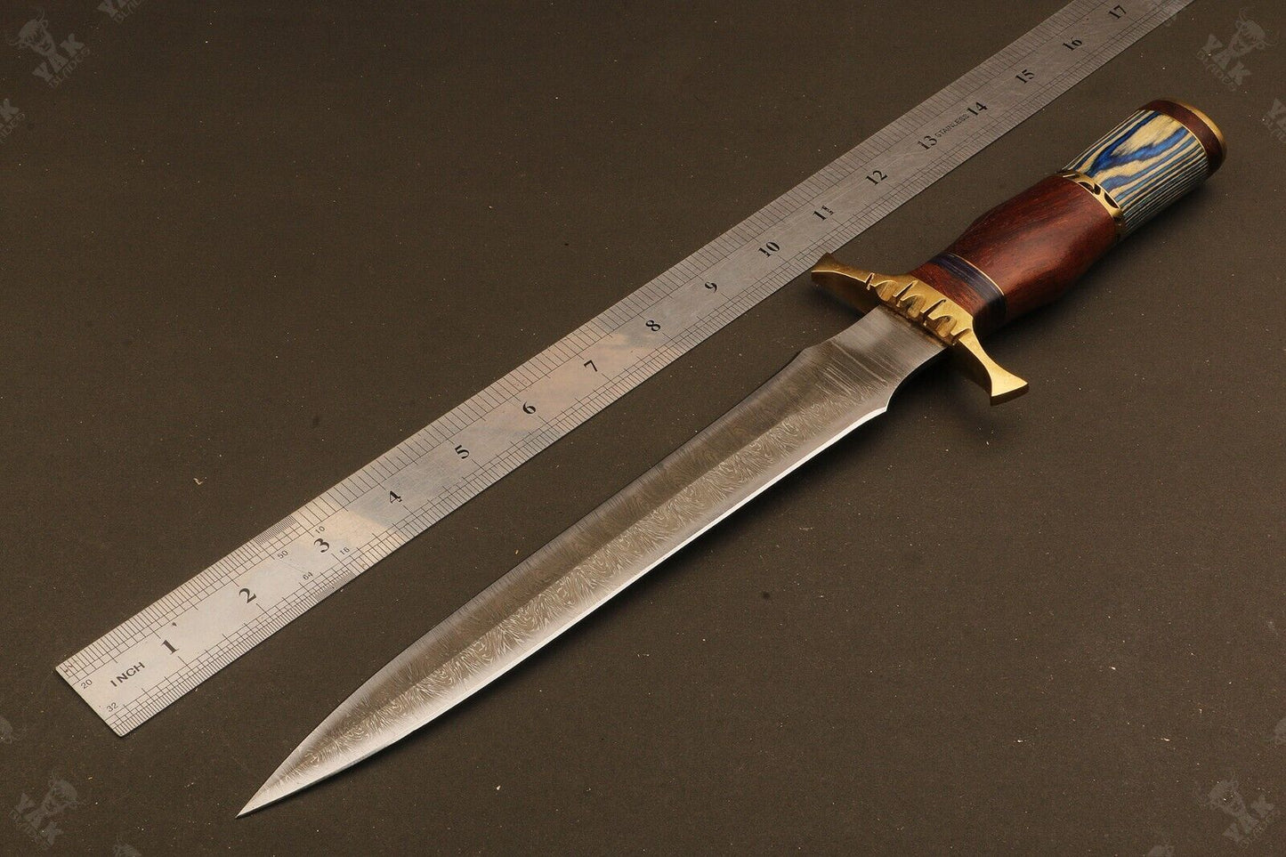 16" Handmade Fire Damascus Steel Dagger Bowie Knife –  Wood Handle with Sheath