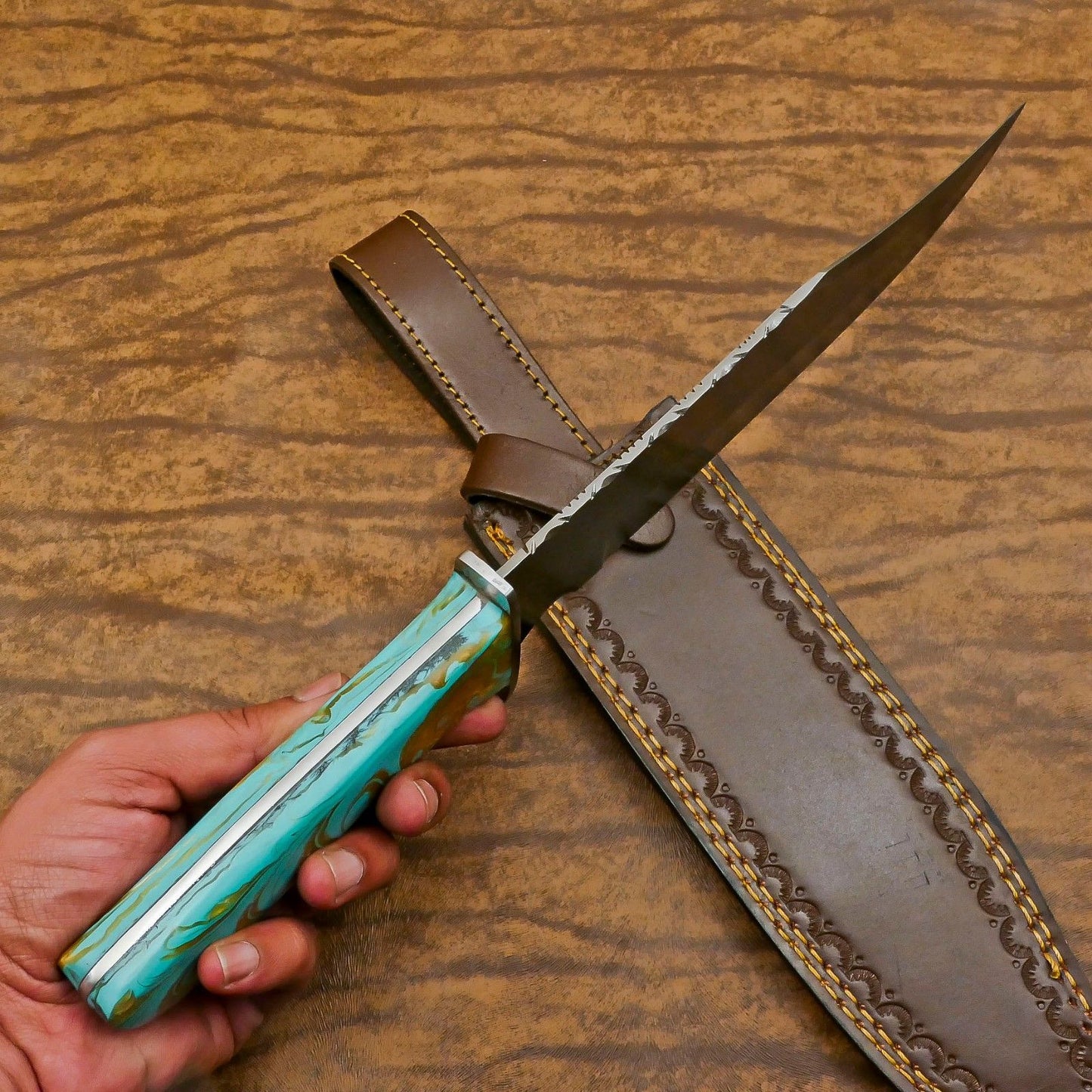 Heritage Forge Handmade Damascus Steel Full Tang Bowie Hunting Knife Resin Handle