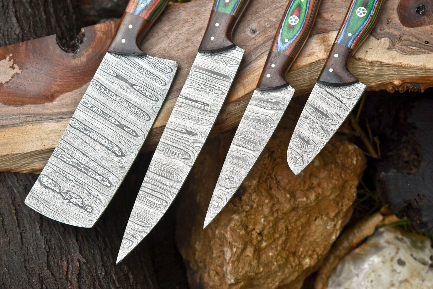 Lot of 4 Handmade Damascus Steel Chef Knives – Full Tang Camp & Kitchen Knife Set