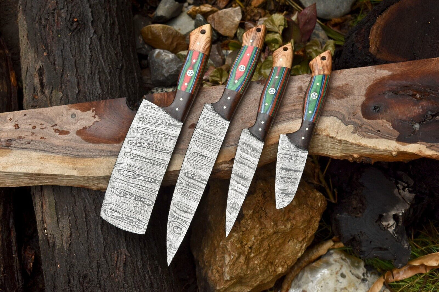 Lot of 4 Handmade Damascus Steel Chef Knives – Full Tang Camp & Kitchen Knife Set