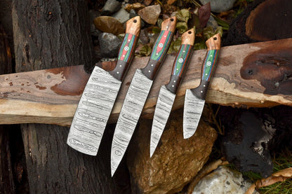 Lot of 4 Handmade Damascus Steel Chef Knives – Full Tang Camp & Kitchen Knife Set