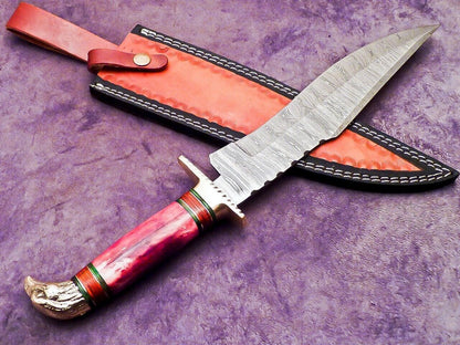 Heritage Forge 16 Inch Handmade Damascus Bowie Knife with Camel Bone and Hardwood Handle