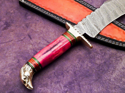 Heritage Forge 16 Inch Handmade Damascus Bowie Knife with Camel Bone and Hardwood Handle