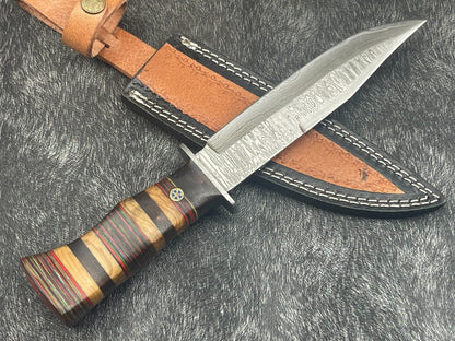 12" Damascus Steel Bowie Knife – Hardwood Handle with Leather Sheath