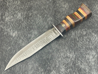 12" Damascus Steel Bowie Knife – Hardwood Handle with Leather Sheath