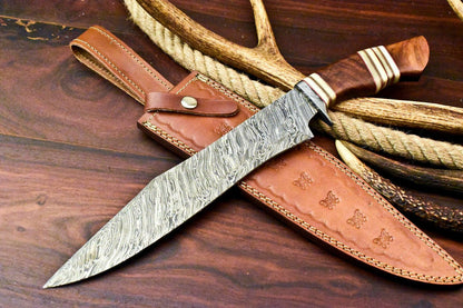 15.5" Handmade Damascus Steel Bowie Knife – Walnut Wood Handle Hunting Knife