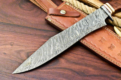15.5" Handmade Damascus Steel Bowie Knife – Walnut Wood Handle Hunting Knife