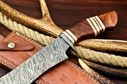 15.5" Handmade Damascus Steel Bowie Knife – Walnut Wood Handle Hunting Knife