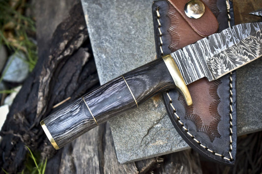 Handcrafted Twist Damascus Skinner Knife with Gut Hook Hardwood Handle for Hiking – Includes Sheath