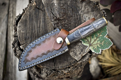 Handcrafted Twist Damascus Skinner Knife with Gut Hook Hardwood Handle for Hiking – Includes Sheath