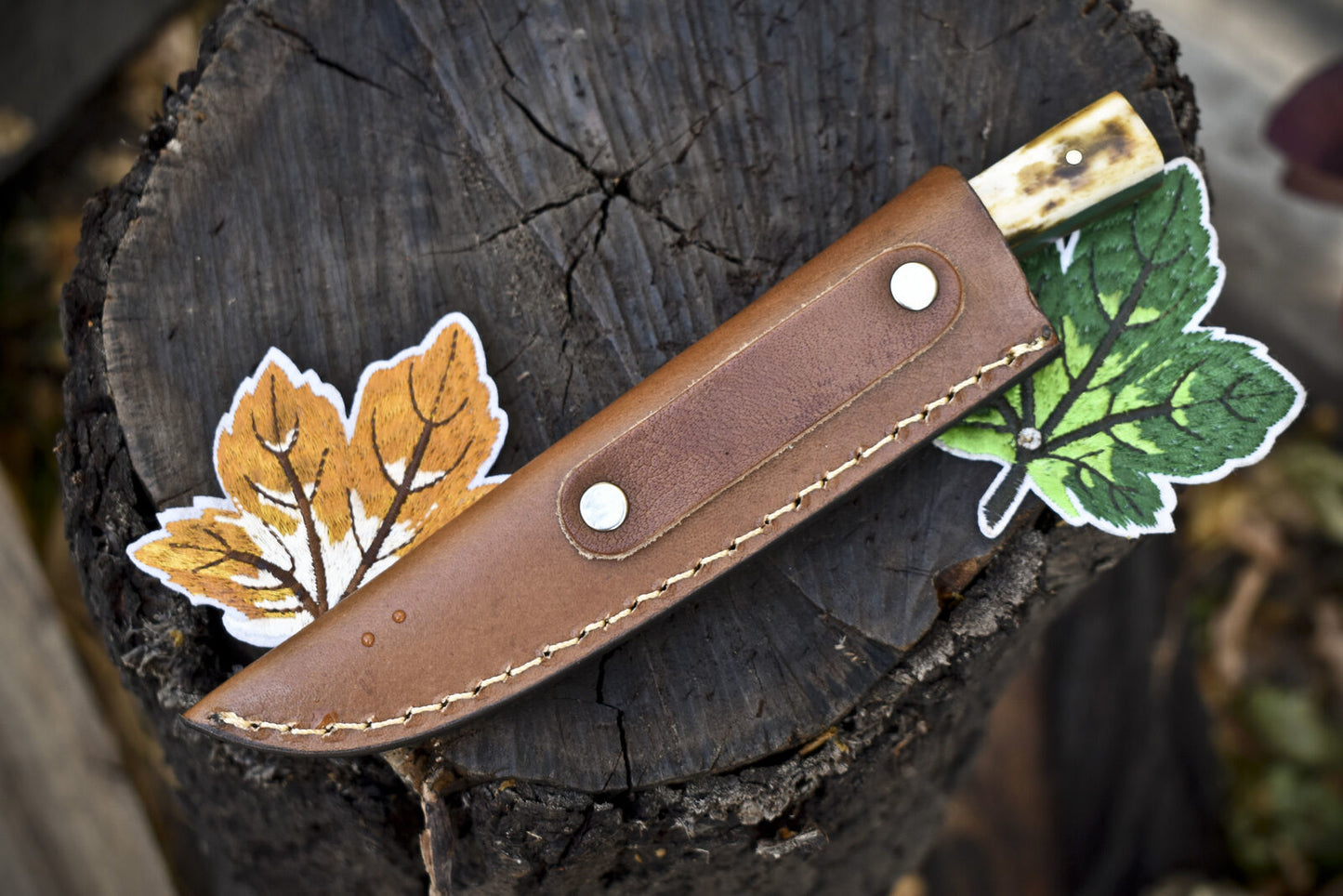 Twist Damascus Skinner Knife with Bone Handle and Micarta Bolster – Handmade Forged Outdoor Sports Blade with Leather Sheath