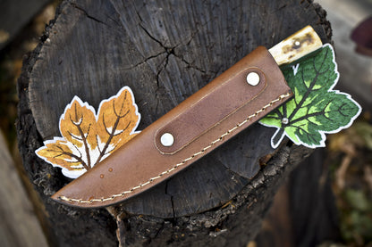 Twist Damascus Skinner Knife with Bone Handle and Micarta Bolster – Handmade Forged Outdoor Sports Blade with Leather Sheath