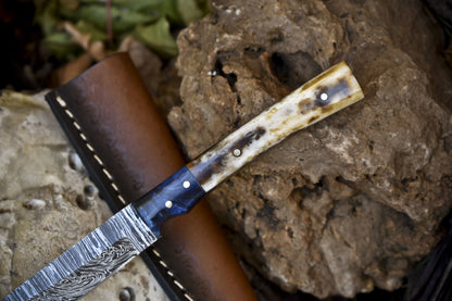 Twist Damascus Skinner Knife with Bone Handle and Micarta Bolster – Handmade Forged Outdoor Sports Blade with Leather Sheath