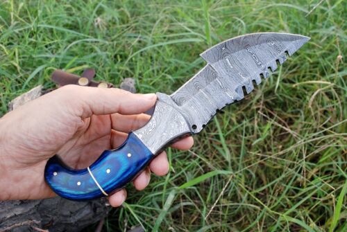 Custom Handmade Forged Damascus Steel Hunting Fixed Blade Tracker Knife with Leather Sheath