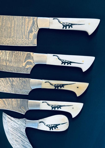 Chef Knives Set of 5 Scrimshaw ~ Fire Storm Damascus Steel for Kitchen