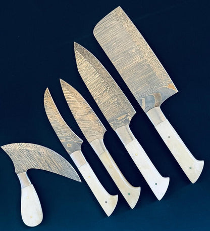 Chef Knives Set of 5 Scrimshaw ~ Fire Storm Damascus Steel for Kitchen