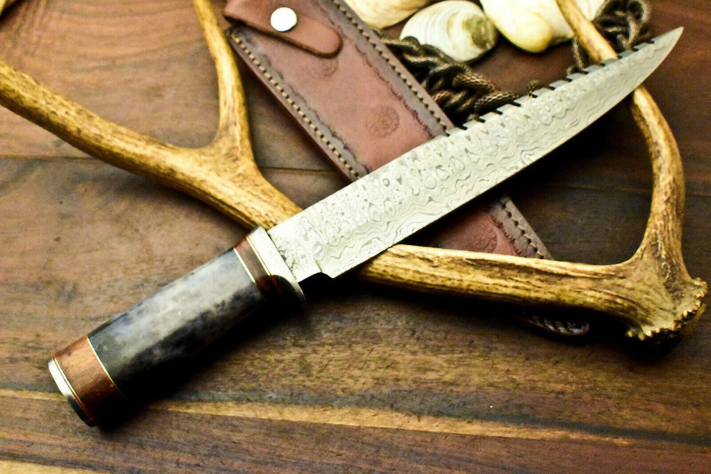 15" Damascus Steel Bowie Knife – Polished Camel Bone Handle