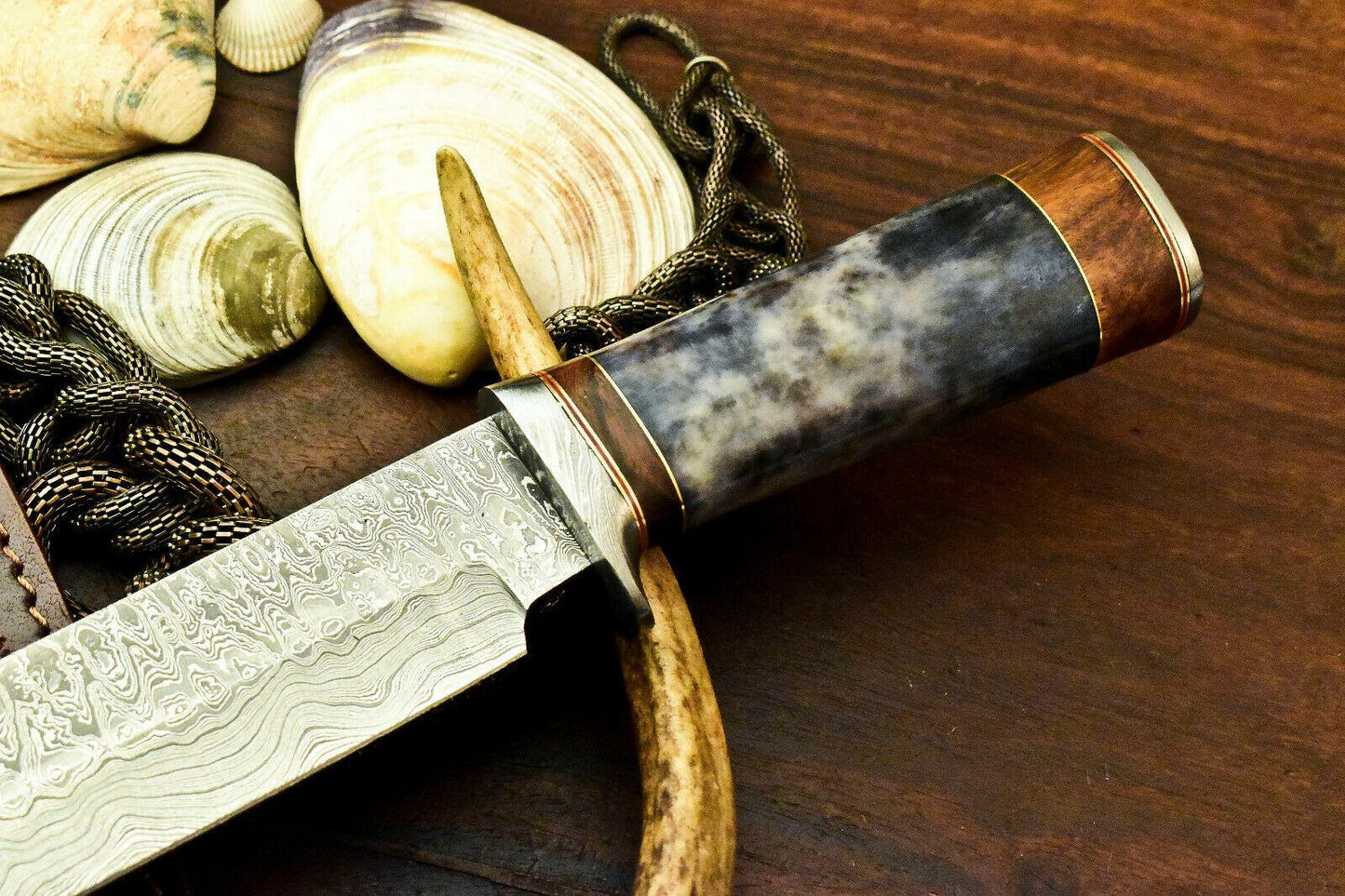 15" Damascus Steel Bowie Knife – Polished Camel Bone Handle
