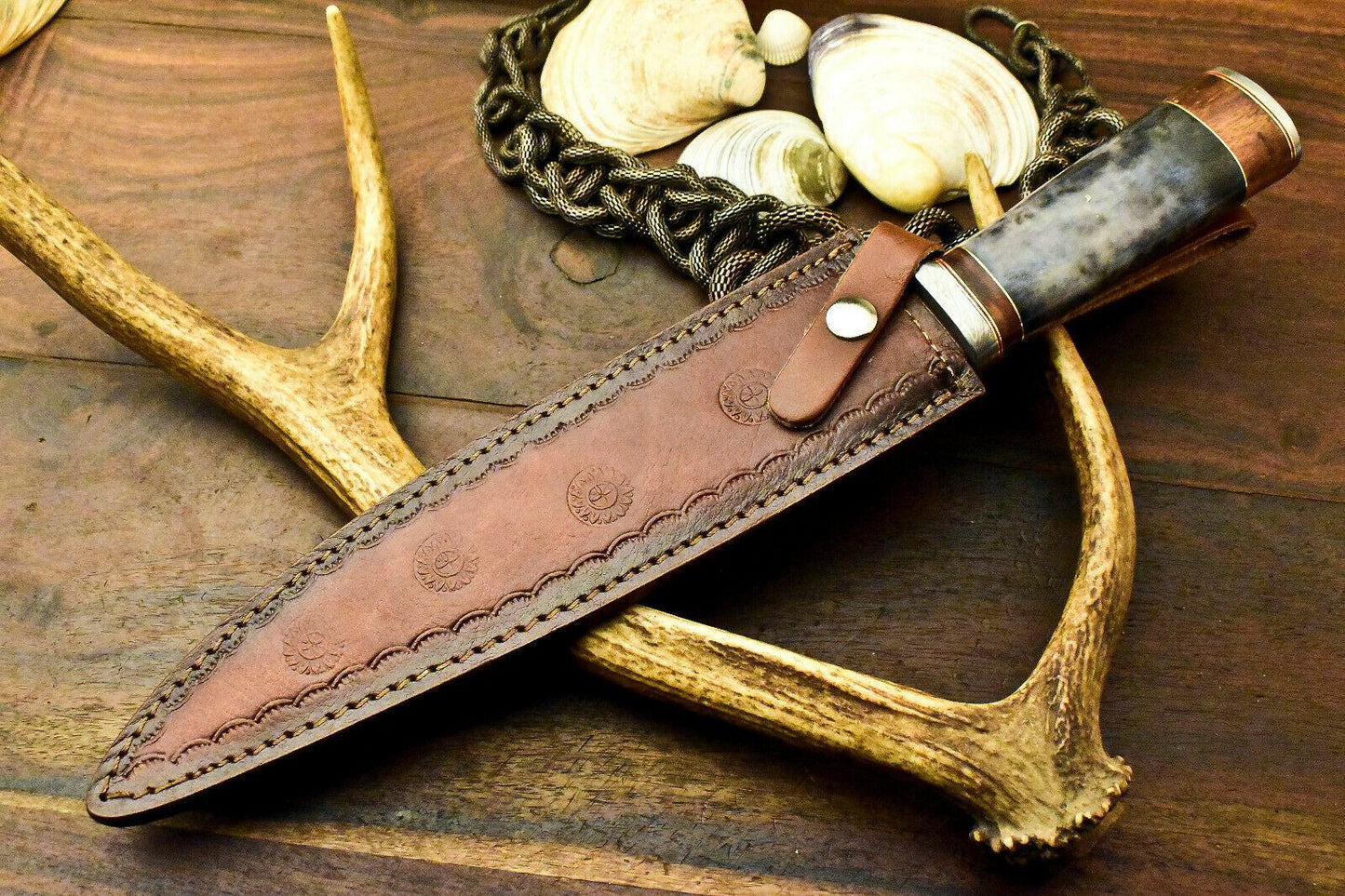 15" Damascus Steel Bowie Knife – Polished Camel Bone Handle