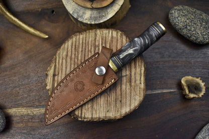 Handmade Skinner Knife w Gut Hook Twist Damascus Corian Hunting