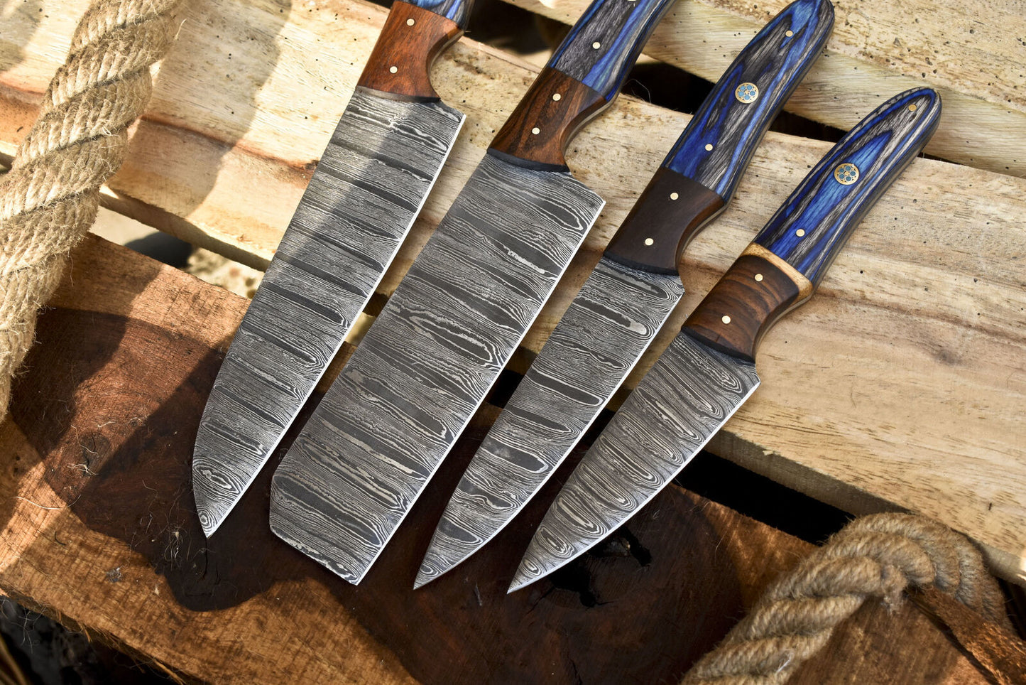 Hot Item Chef Knife B-Ring Damascus Ash Wood Bolster – Lot of 4 for Fishing & Kitchen