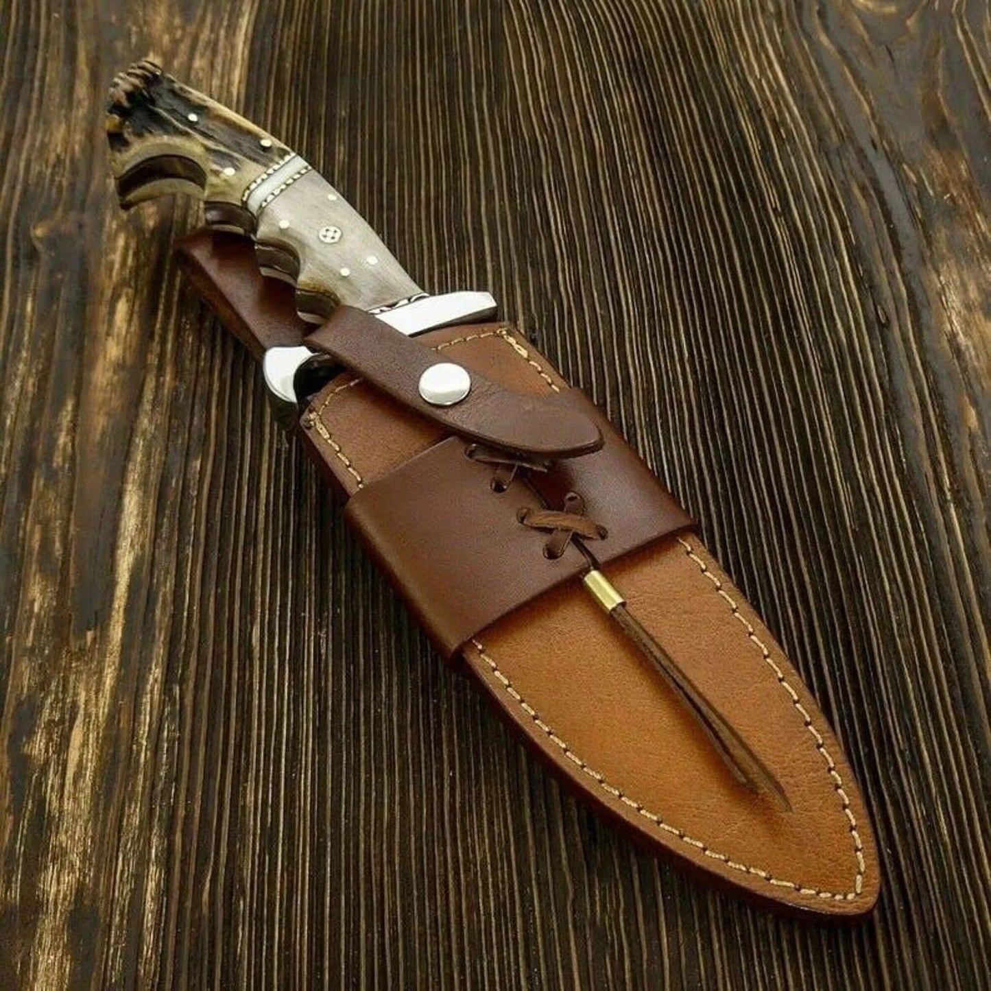 Heritage Forge D2 Steel Bowie Knife with Stag Antler Handle and Leather Sheath