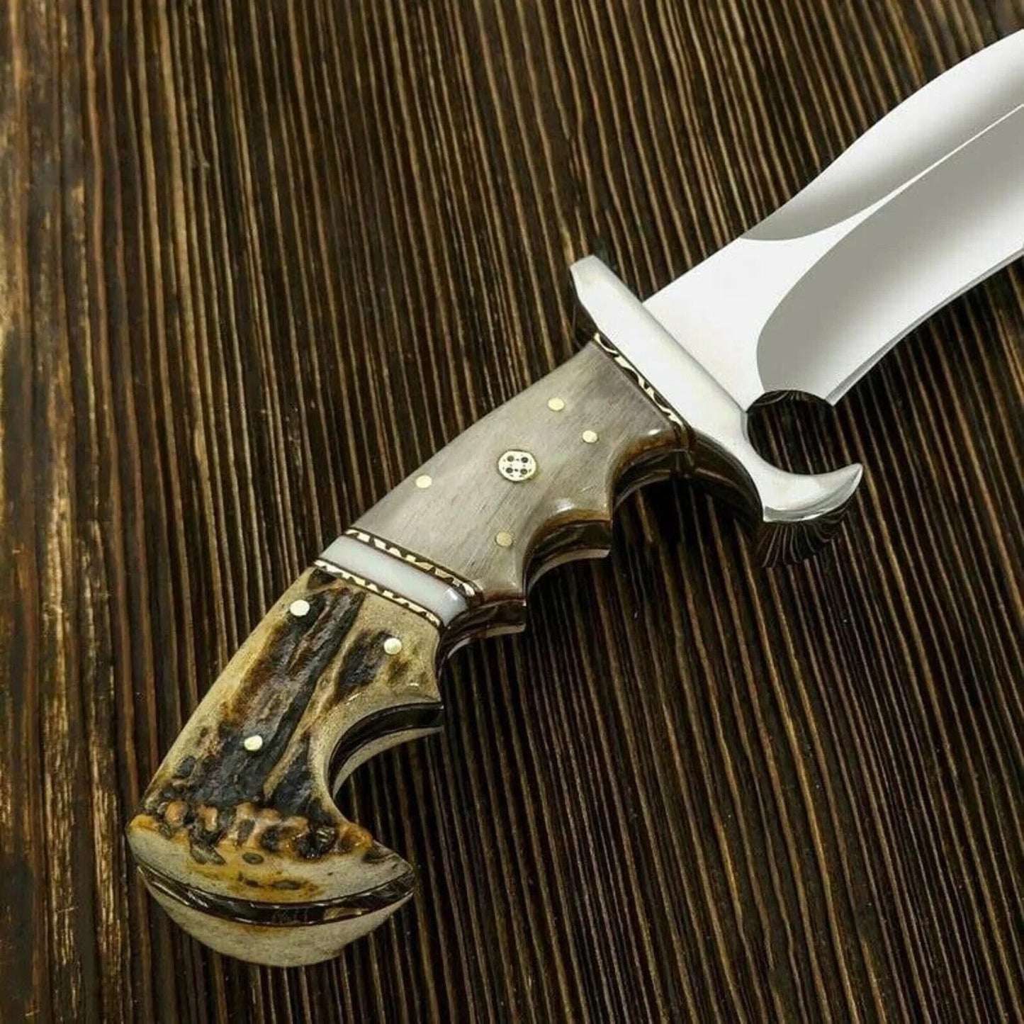 Heritage Forge D2 Steel Bowie Knife with Stag Antler Handle and Leather Sheath